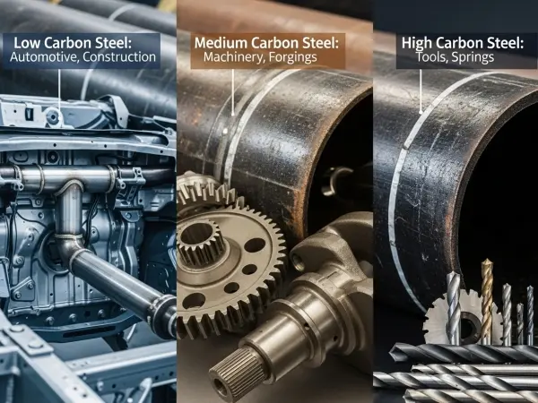 uses of low medium and high carbon steels, low carbon steel properties, medium carbon steel applications, high carbon steel hardness, carbon steel pipe supplier